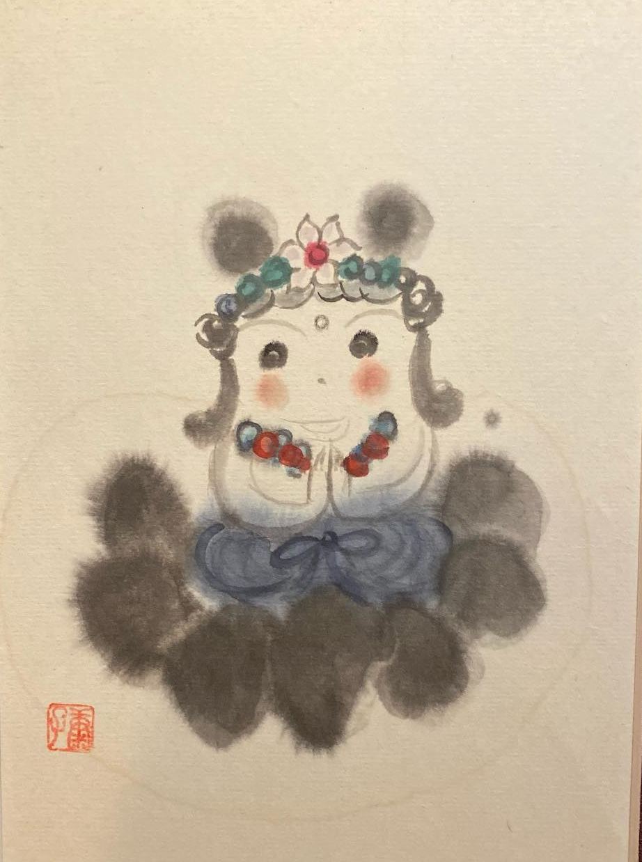 蓮の上で手を合わせる童子の墨彩画