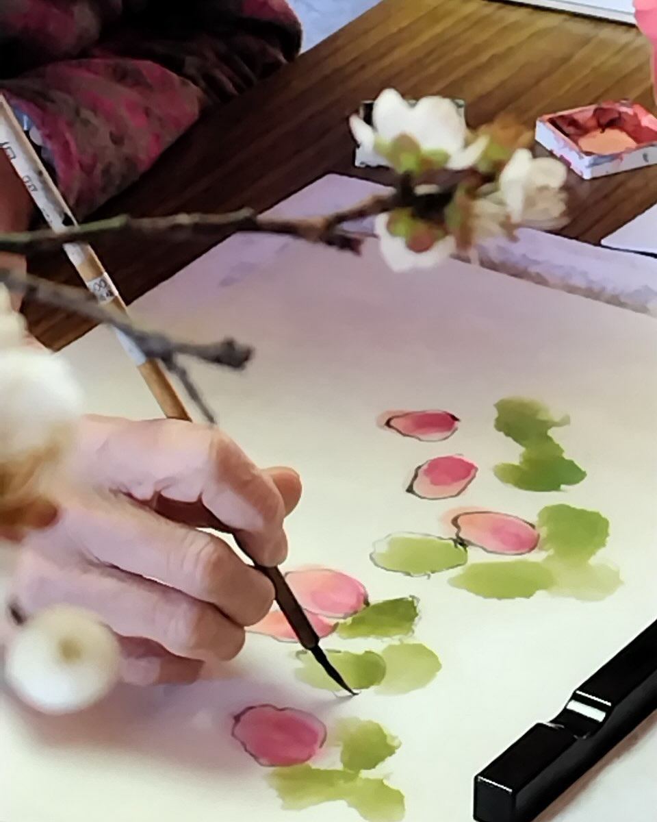 梅の枝を手本に、筆で花びらを描いているおけいこの手元