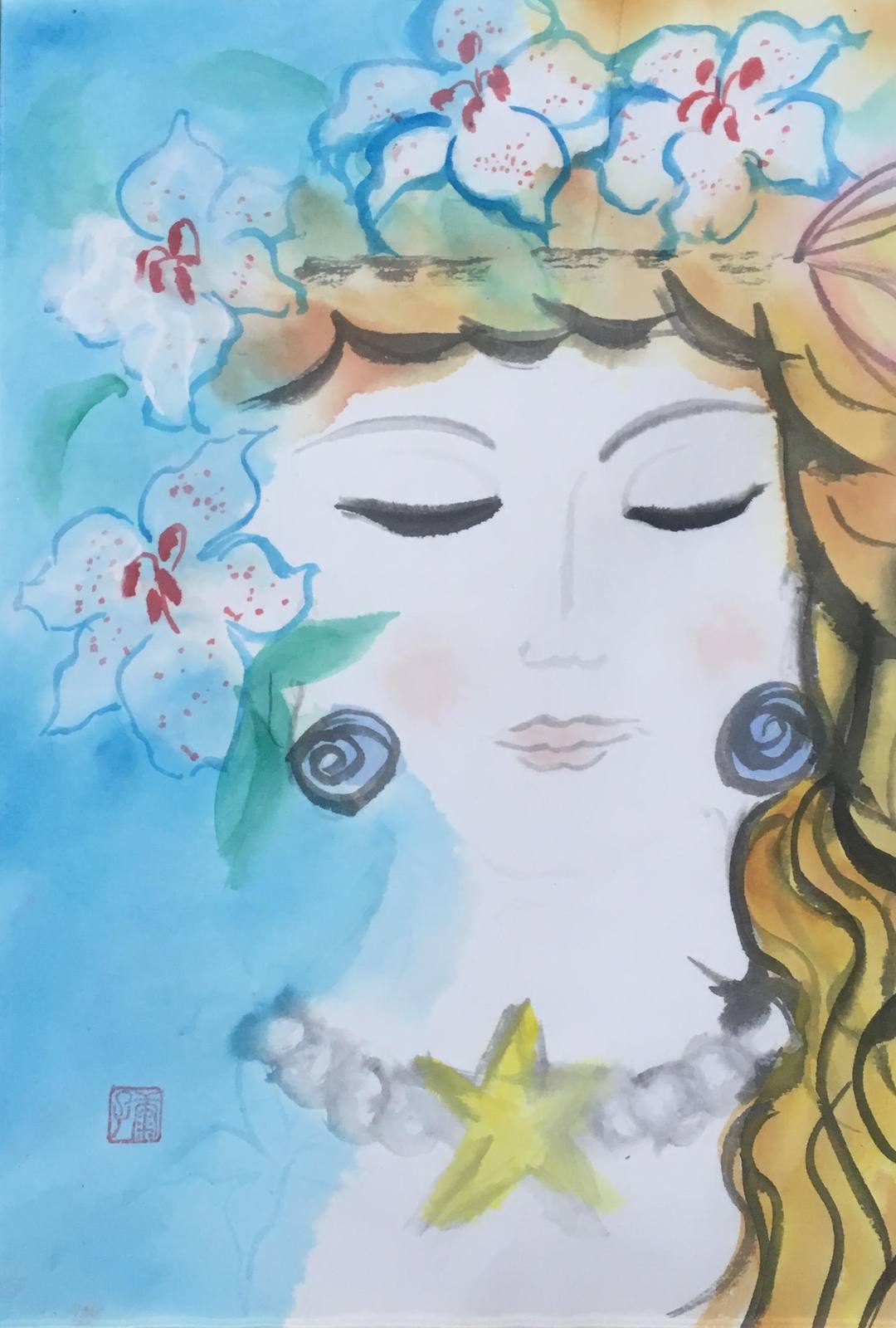 花の冠をいただき目を閉じた女性を描いた作品